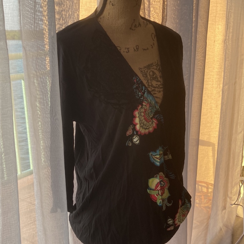 Desigual Women's Shirt Black Floral Faux Wrap Med